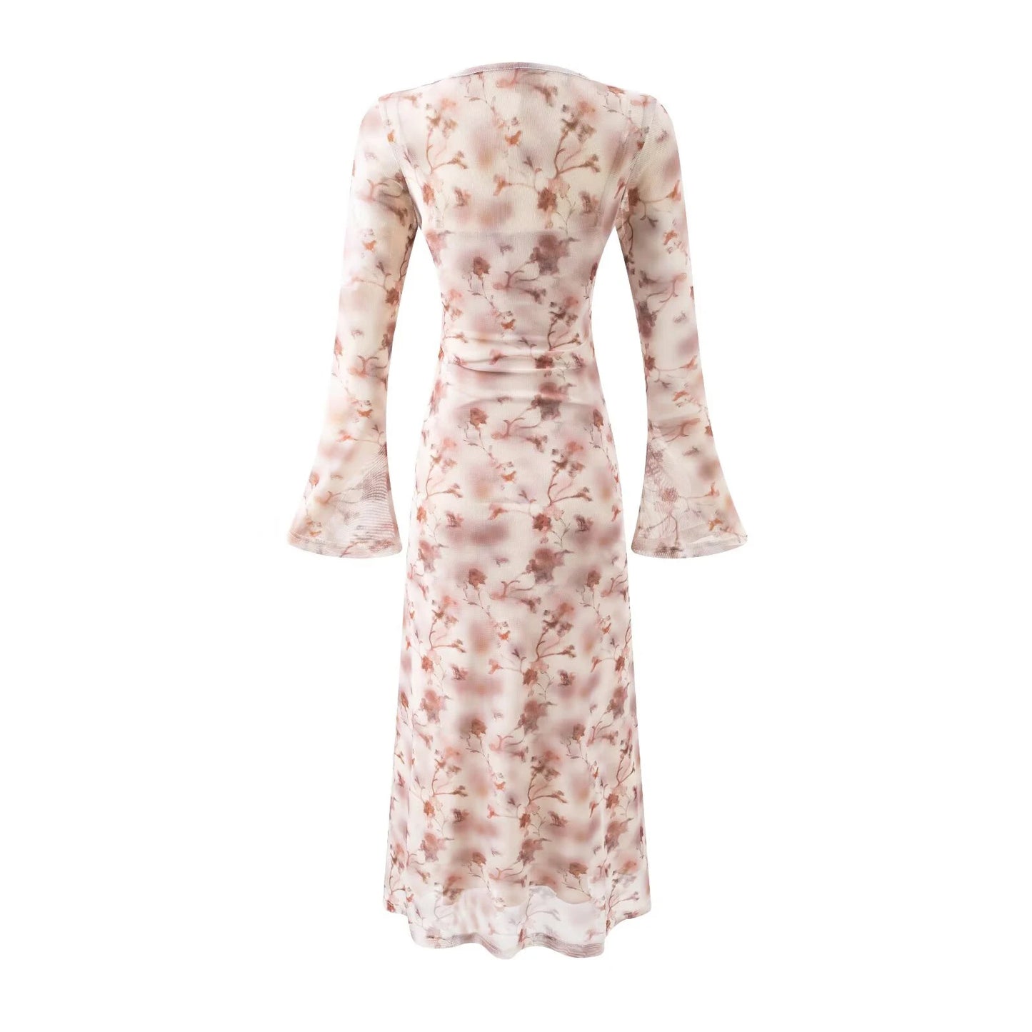 Women's French Retro Printed Boat Neck Dress - Trumpet Sleeve Long Dress