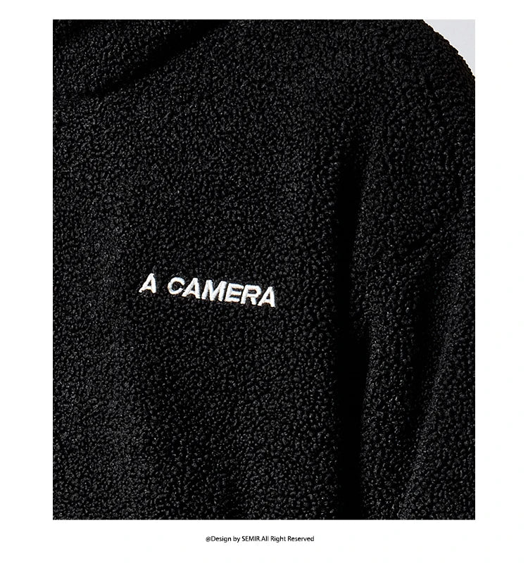 Men's Loose Fit Fleece Jacket - Plush Embroidered Stand Collar Winter Coat