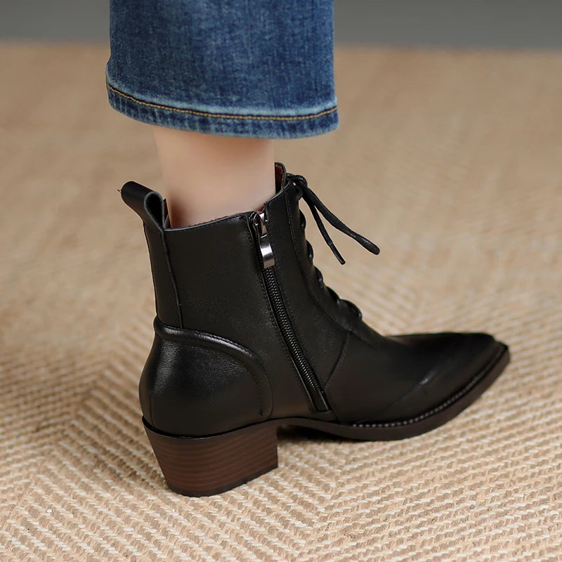 Women's Ankle Lace-up Genuine Leather Thick High Heels  Boots