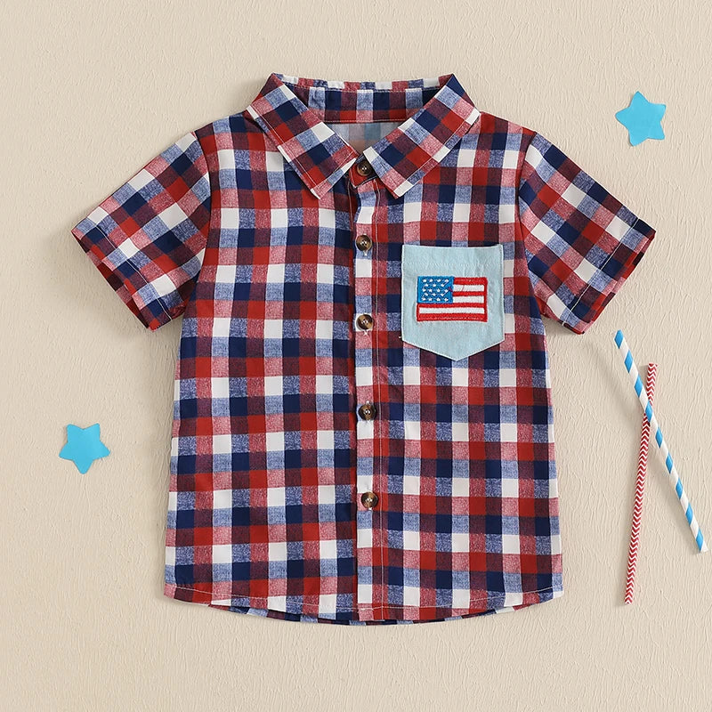 0-5Y American Flag Kids Boys Shirts Short Sleeve Plaid Print Button Down Shirts Toddler Summer Top