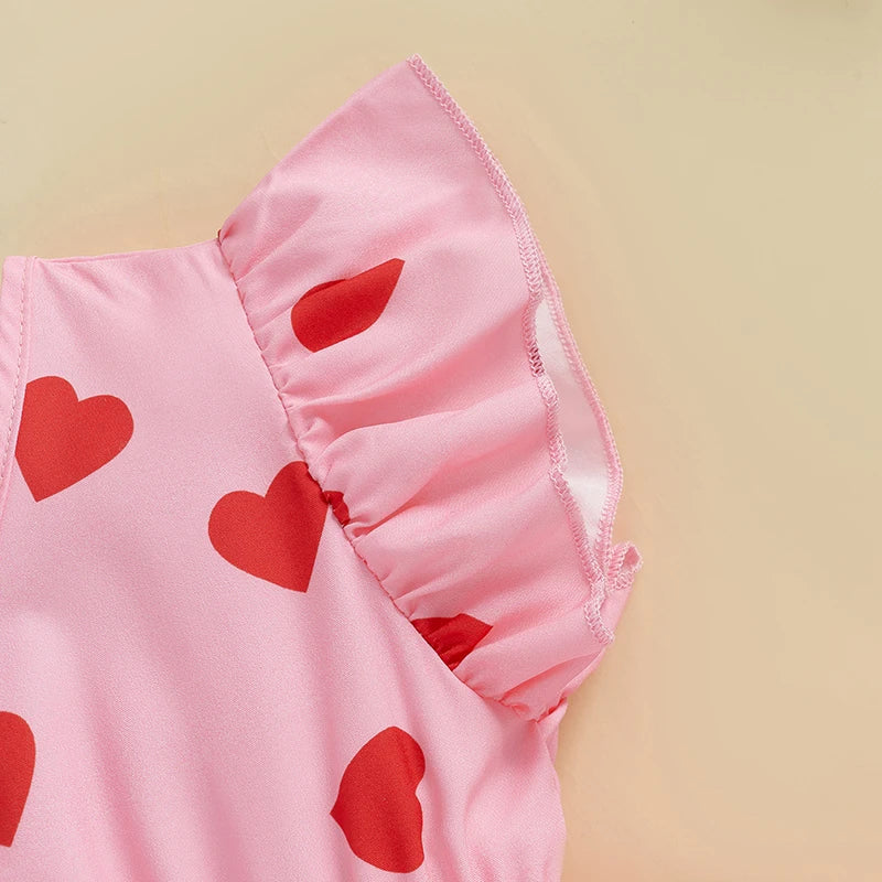 Girls' Valentine's Heart Print Dress - Flutter Sleeve V-Neck A-Line Dress