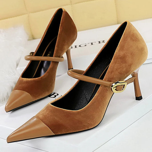 Suede Buckle Design Pumps - Pointed Toe Stilettos Available in 7cm and 10cm Heights