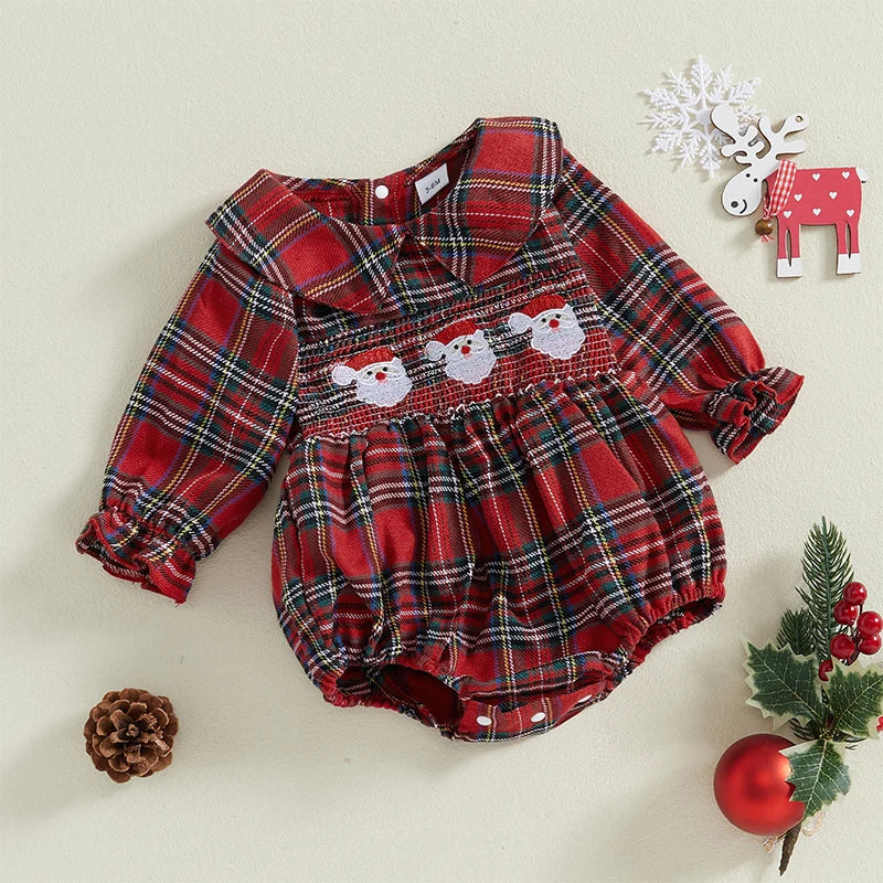 Christmas Santa Embroidery Peter Pan Collar Romper - Baby Girls Plaid Jumpsuit
