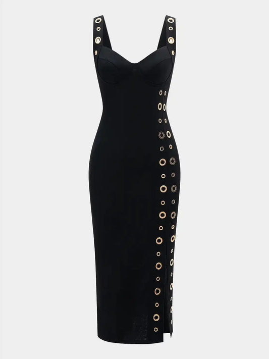 Women's Metallic Decor Bustier Zipper Midi Dress