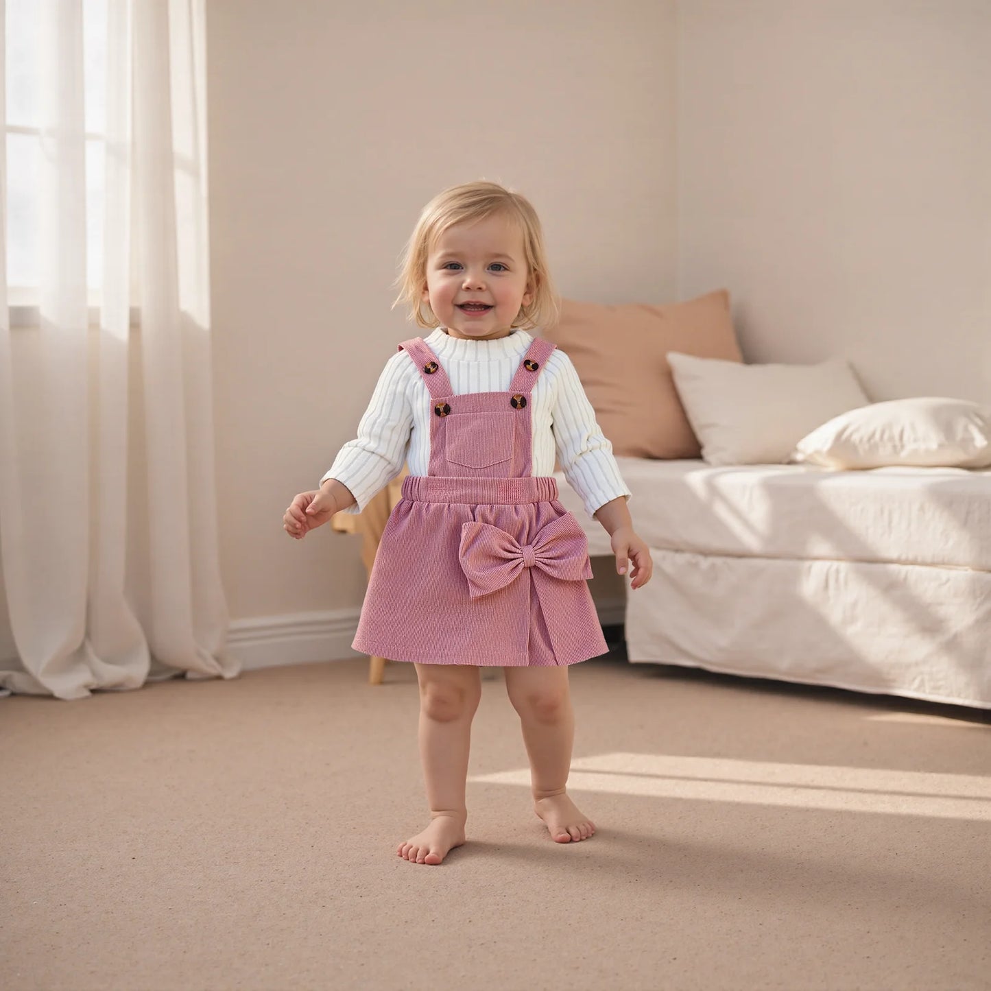 Baby Girls Ribbed Outfit Set - Long Sleeve Crew Neck Top & Bow Overall Skort (0-5Y)