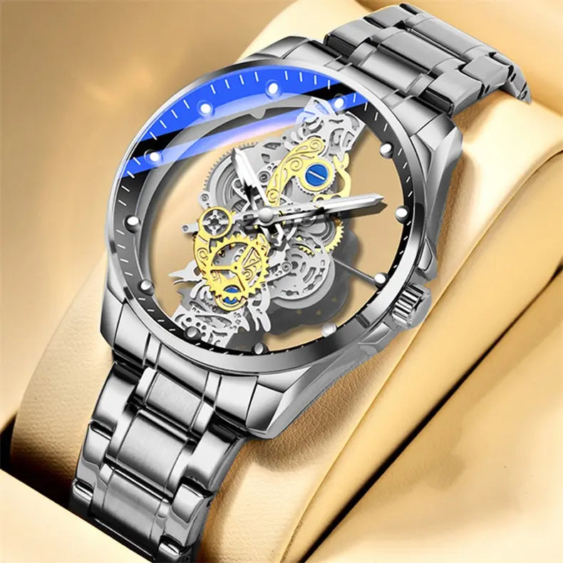 Gold Luxury Watch Men Hollow Creative Leather Man Wristwatch Waterproof Sliver Business Stainless Steel Bracelet Erkek Kol Saati