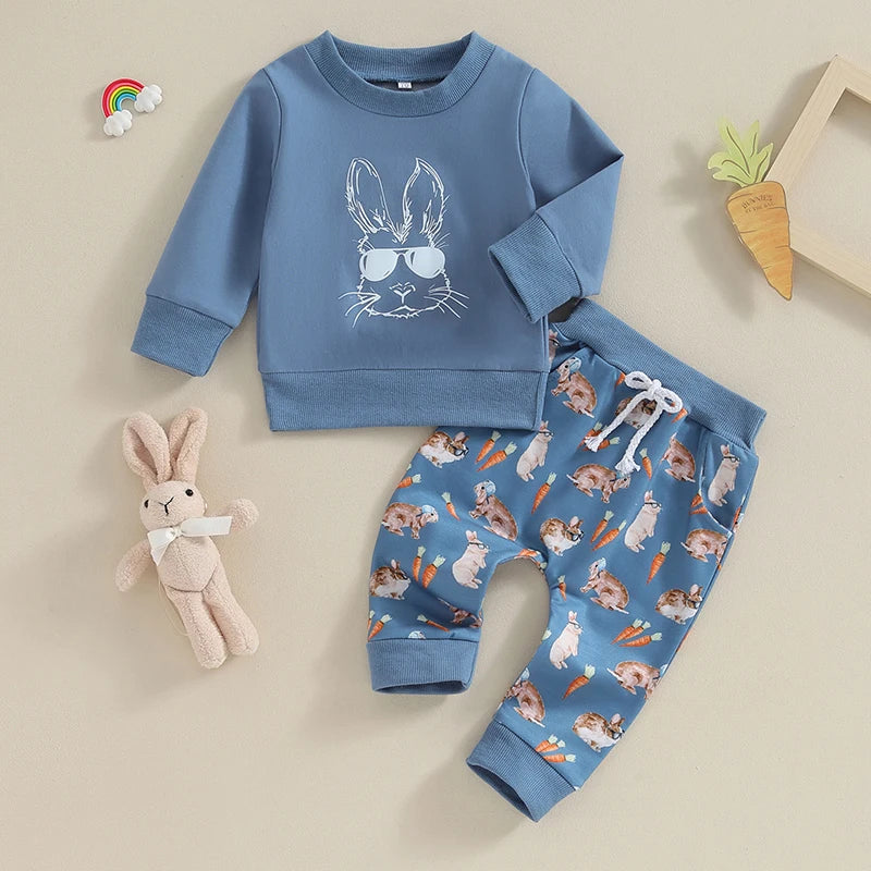 Toddler Boys Easter Outfit Set - Two Piece Rabbit Print Set