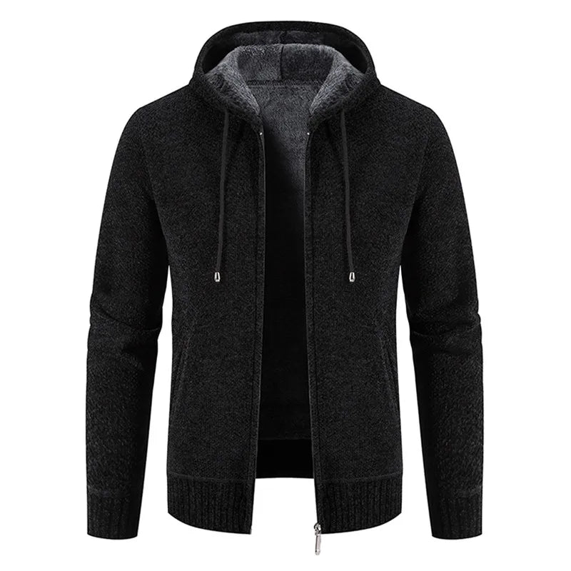 Men's Hooded Fleece Cardigan - Warm Knitted Sweater Jacket with Zipper