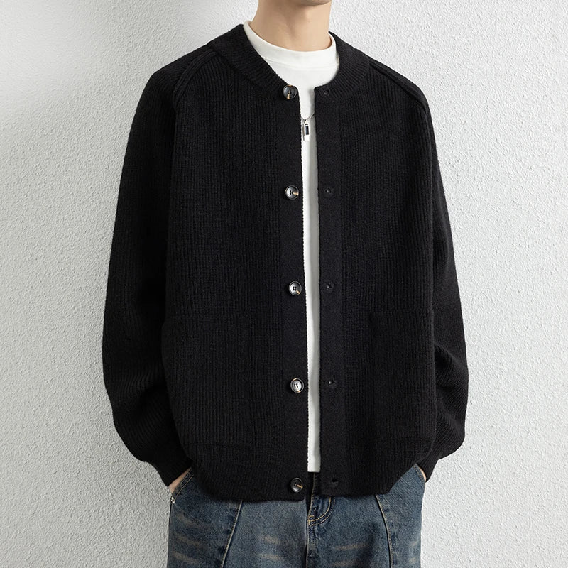 Men's Autumn Winter O-Neck Cardigan - Solid Colour Knit Sweater Coat