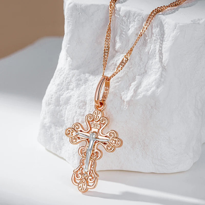 Unisex Orthodox Church Cross Pendant Necklace 585 Rose Gold Silver Colour