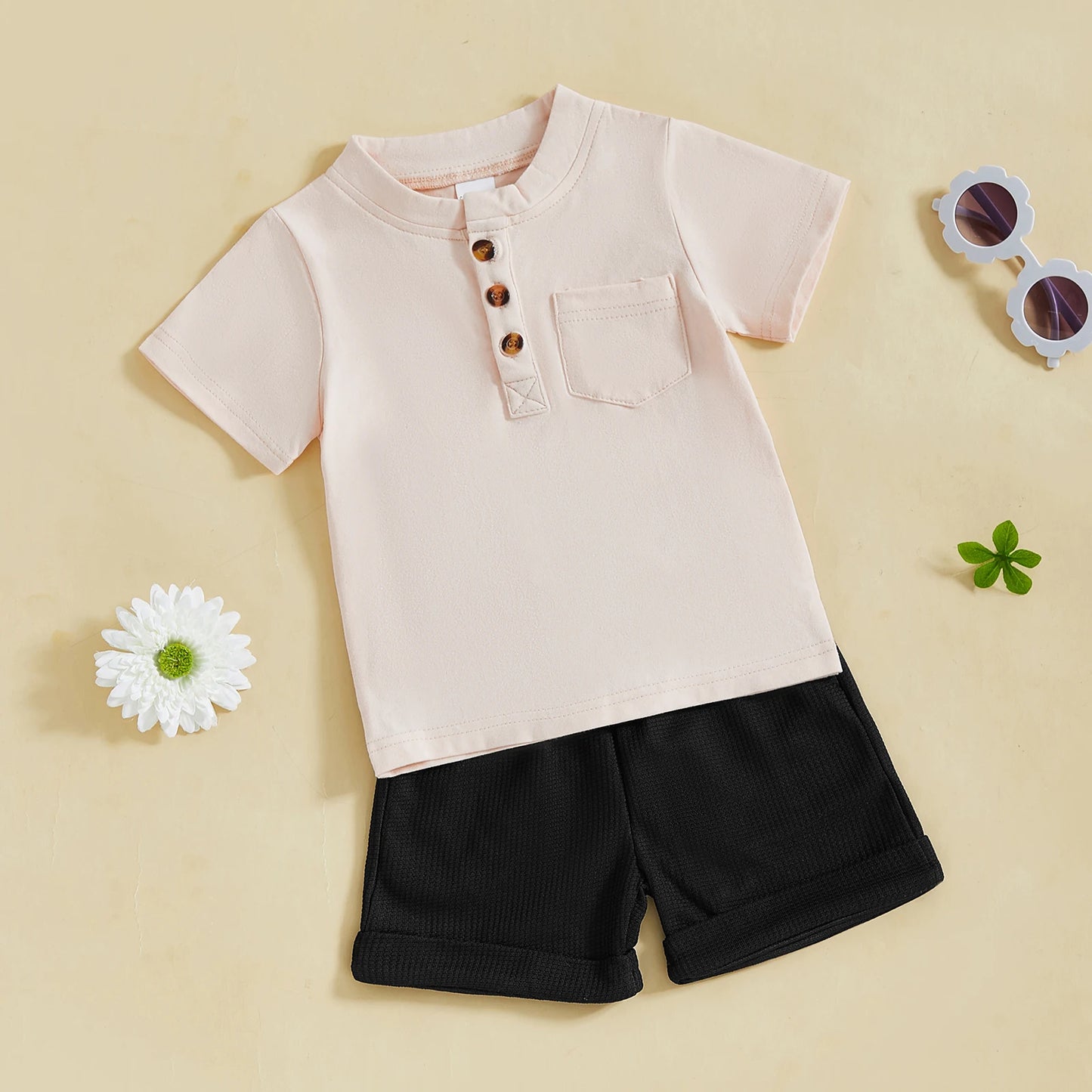 Casual Summer Baby Boys Button-Up Outfit Set - Round-Neck Top & Solid Color Shorts (0-4Y)