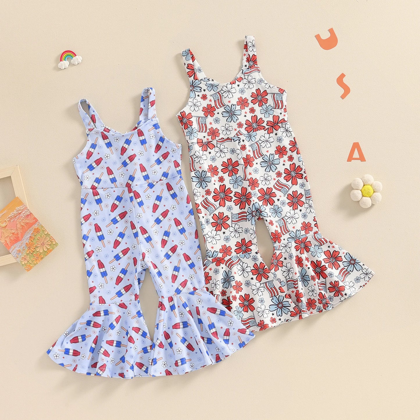 Toddler Kids Girls Jumpsuit - 0-4Y Sleeveless Flower USA Flag Print Bell Bottom Overalls