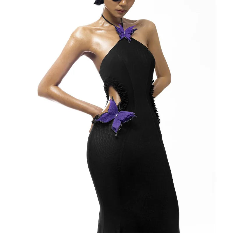 Women's Halter Butterfly Maxi Dress Outfit - Gown Cut Out Mesh See Through Bodycon Dress