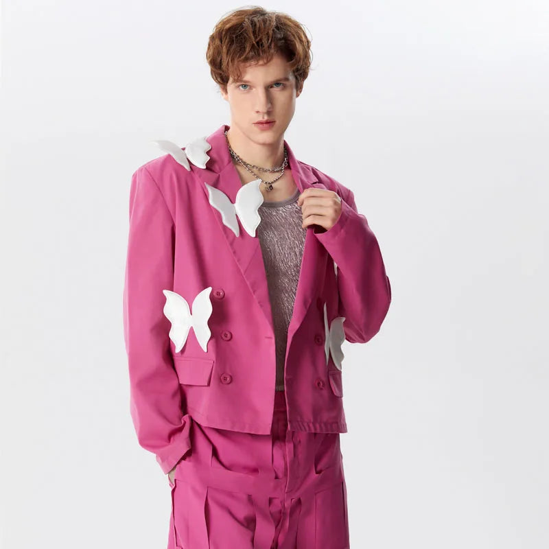 Men's Blazer Patchwork Lapel Long Sleeve Double Breasted Loose Jacket