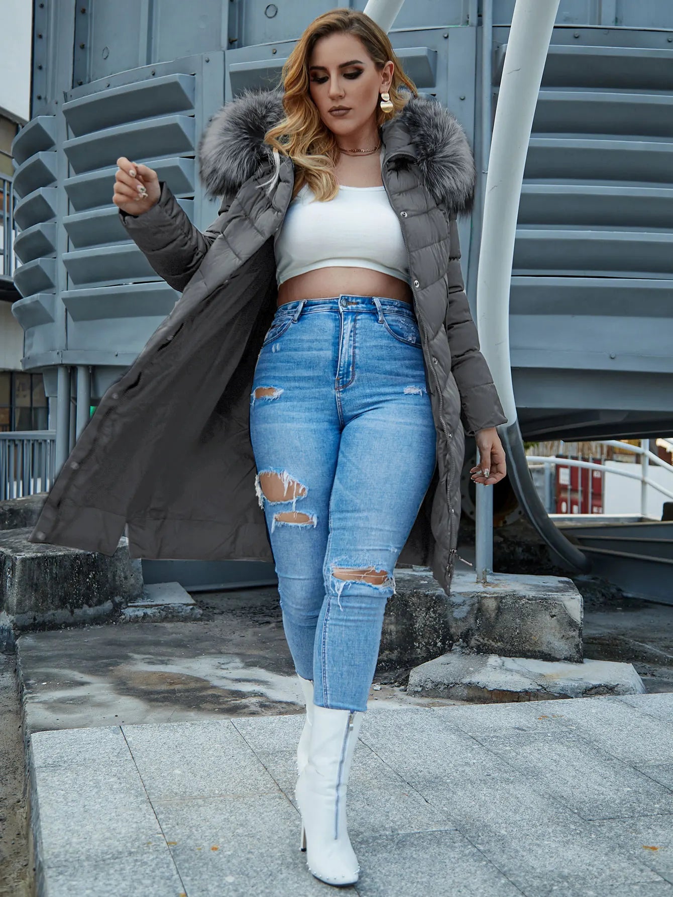 Women's Fur Collar Down Coat - Extra Long Winter Jacket