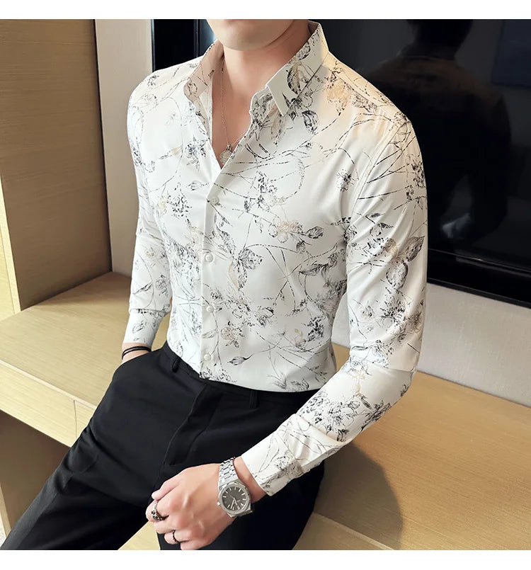 Men's Print Shirt - Slim Fit Long Sleeve Turn Down Collar Shirt