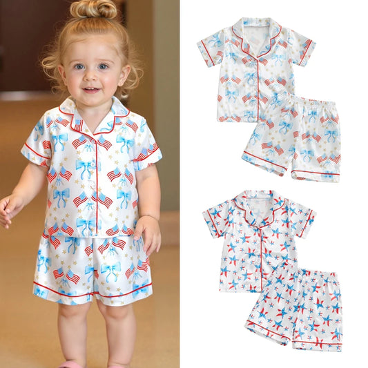 0-6Y Summer Kids Girls Pyjamas Clothes Set Summer Star/Bow Print Button up Short Sleeves Shirt with Elastic Shorts