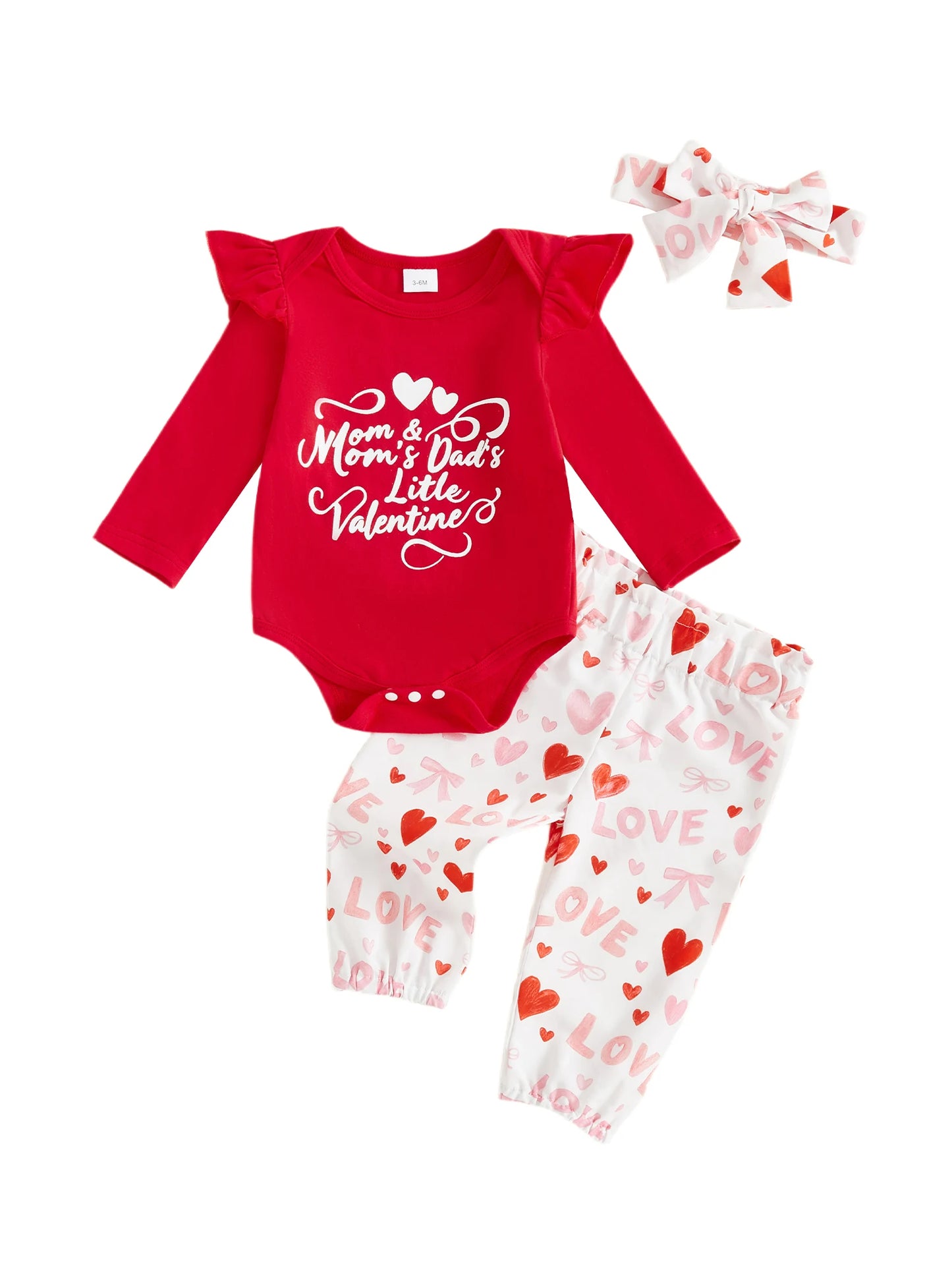 Baby Girls Valentine's Day 3-Piece Outfit Set - Ruffle Romper, Pants & Headband