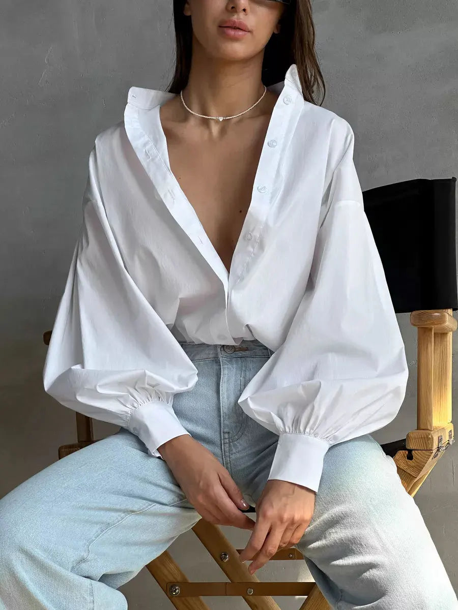 Women's Loose Lantern Sleeve Single-breasted 100% Cotton Blouse