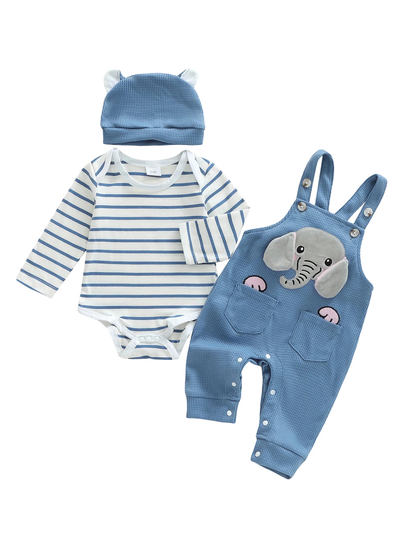 Baby Boys 3-Piece Outfit Set - Striped Romper, Elephant Suspender Pants & Hat