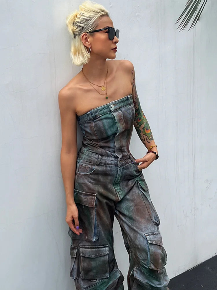 Women's Do Old Jumpsuit  - Strapless Sleeveless High Waist Loose Pant Patchwork Pockets Jumpsuit