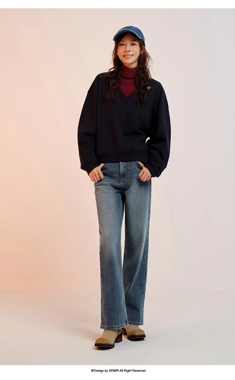 Women's Wide Leg Brushed Denim Jeans - Loose Fit Winter Warm Long Pants