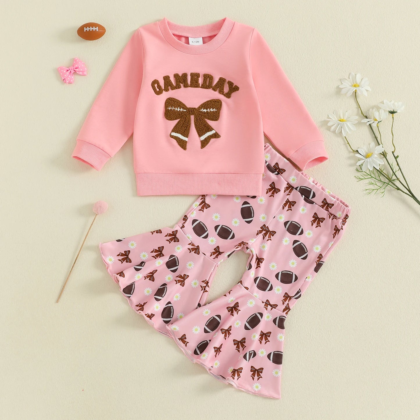 Girls Bow Embroidery Outfit Set - Long Sleeve Letter Pullover Sweatshirt & Football Flare Pants (0-4Y)
