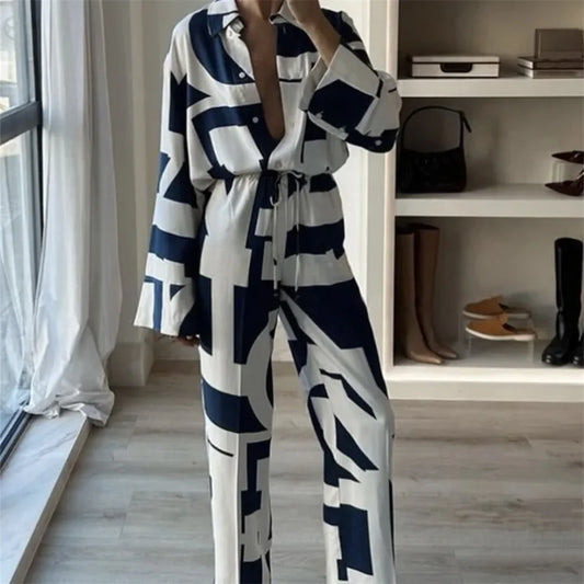 Spring and Summer Women's  lapel geometric pattern printed shirt and Trousers set