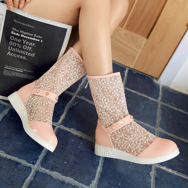 Women's Leather Splicing Mesh Pearl Metal Decoration Zipper Ankle Boots