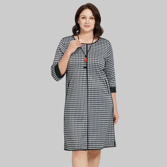 Women's Houndstooth Print Loose Midi Dress — Elegant A-Line Office Dress