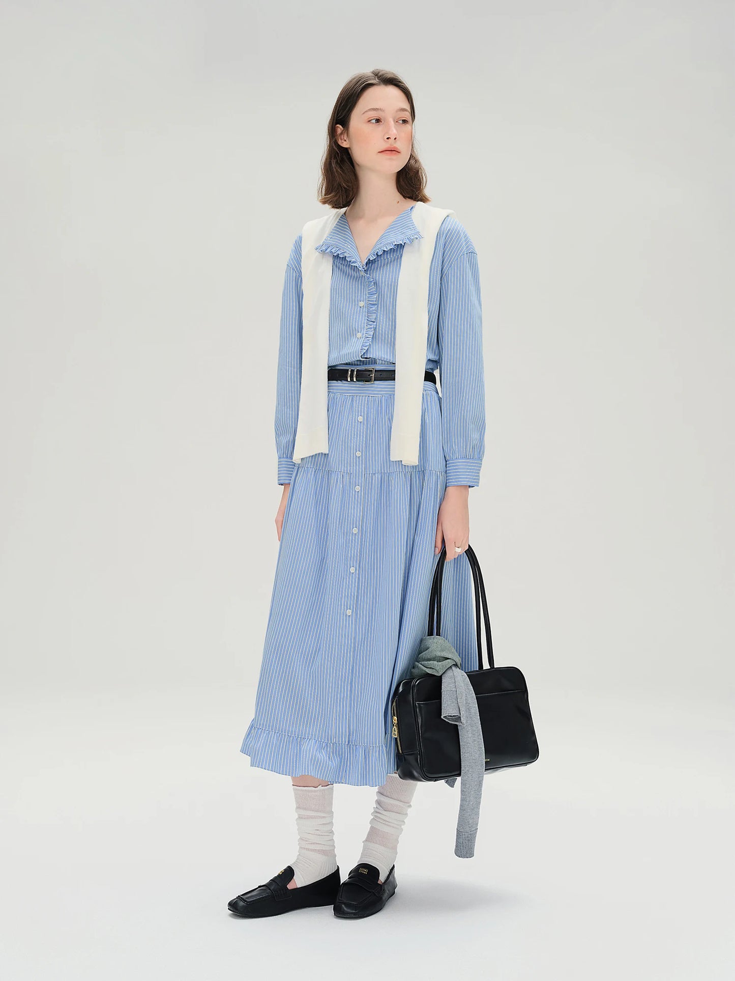 Plus Size Striped Shirt & Skirt Set with Wooden Collar Detail