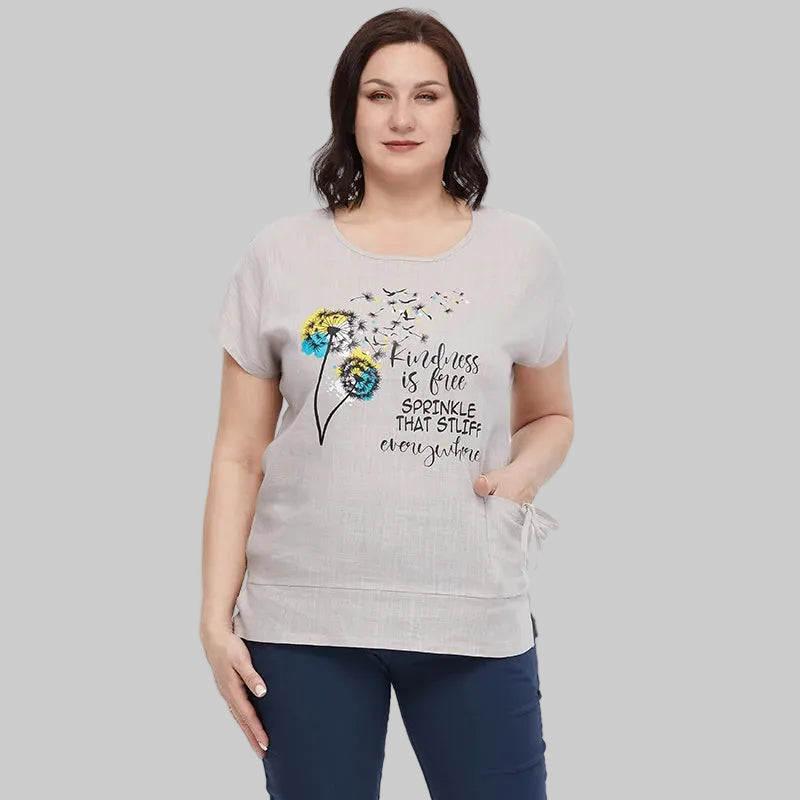 Women's Oversized Cotton Linen Floral Print T-Shirt – Short Sleeve