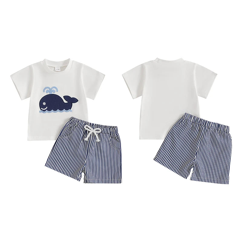 Baby Boys' Casual Outfit Set - Animal Embroidery Short Sleeve T-Shirt & Striped Shorts 2pcs