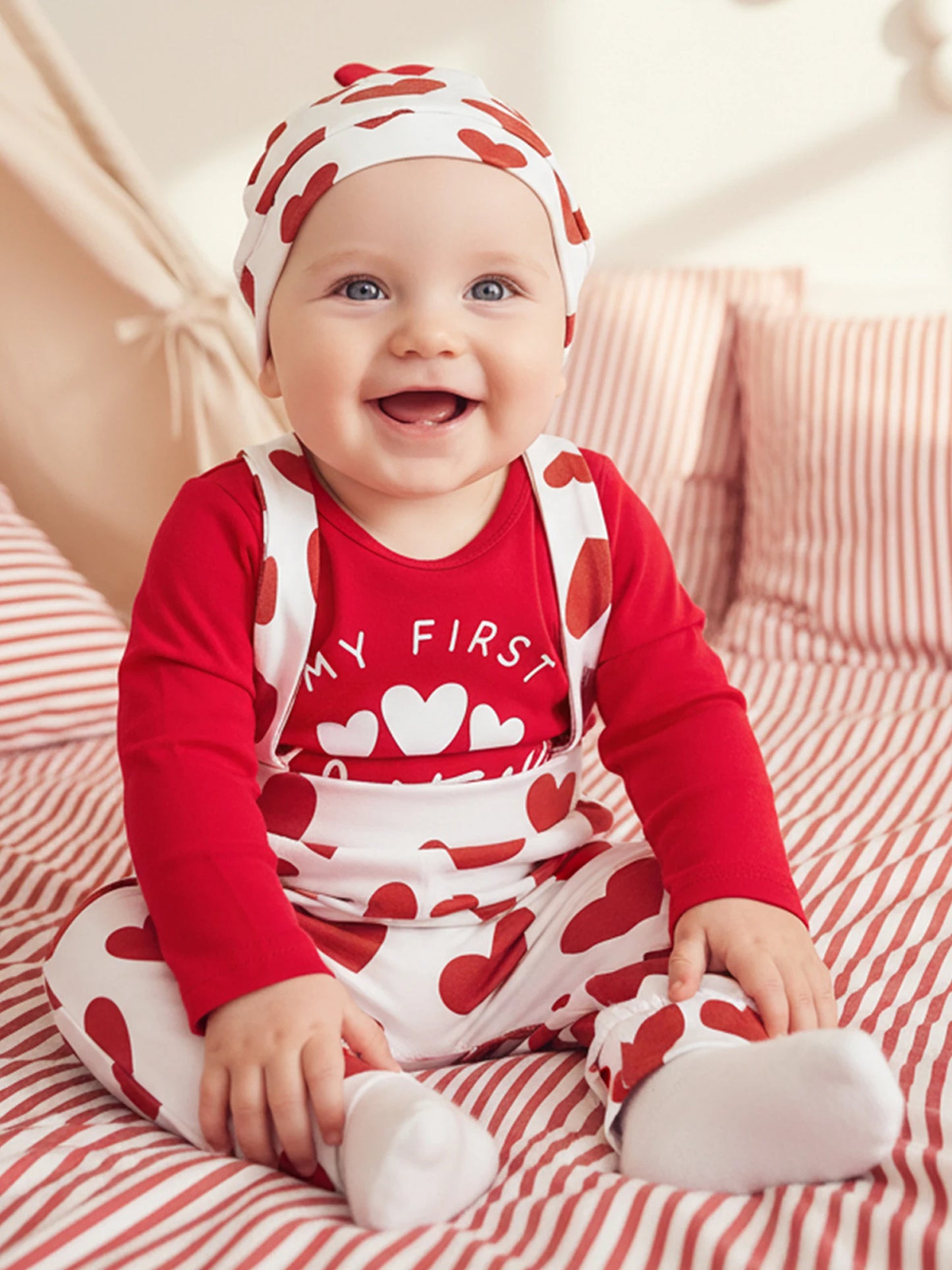 Baby Boys Valentine's Day Outfit Set - Heart Print Romper with Suspender Pants & Hat 0-18M