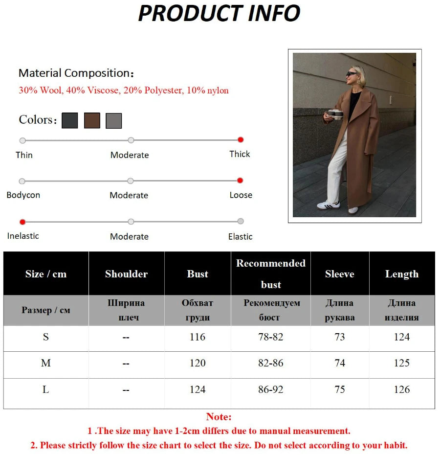 Women's Winter Thick Woollen Belted Loose Long Jacket Coat