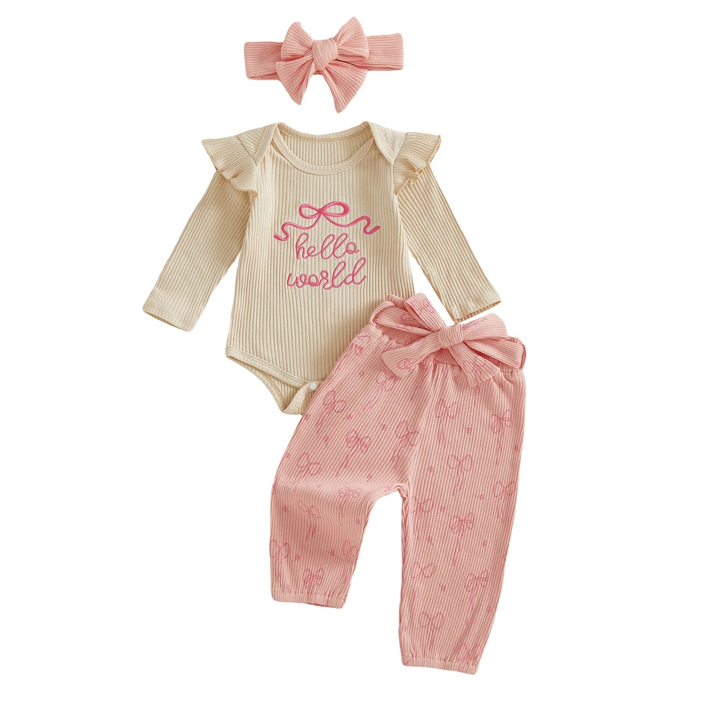 Newborn Baby 4-Piece Outfit Set - Long Sleeve Romper, Pants, Belt & Headband