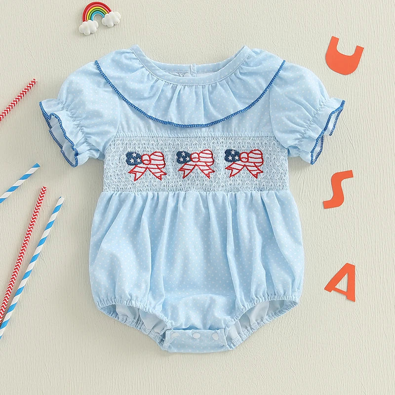 Baby Girls' Independence Day Romper - Dot Print Bow Flag Embroidery Ruffled Jumpsuit