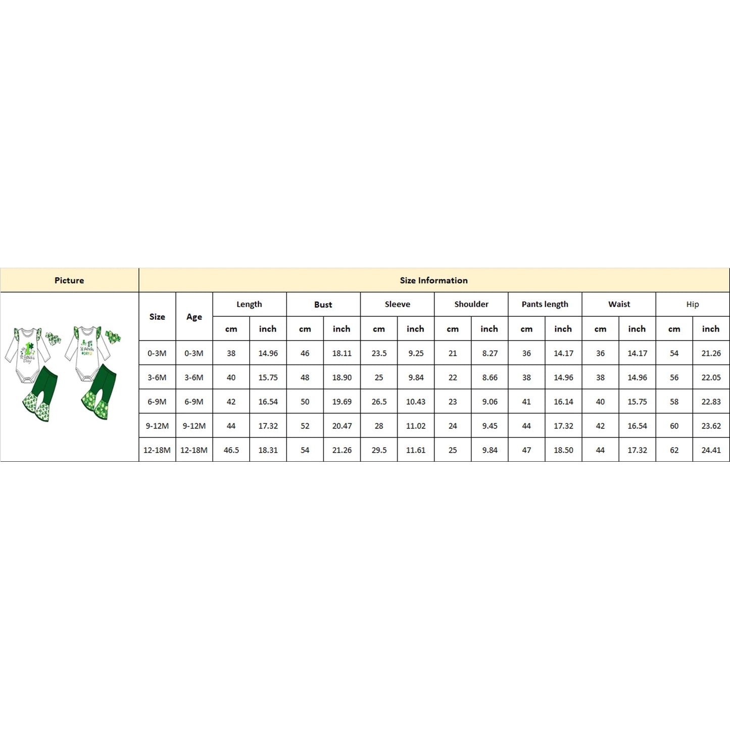 Baby Girls Boys Clover Print Outfit Set - Long Sleeve Romper with Flare Pants & Headband 0-18M