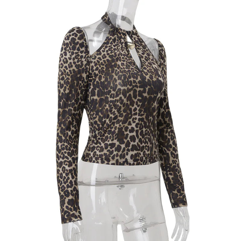 Women's Halter Lace Up Leopard Print Top - Long Sleeve Cut Out Cropped Streetwear