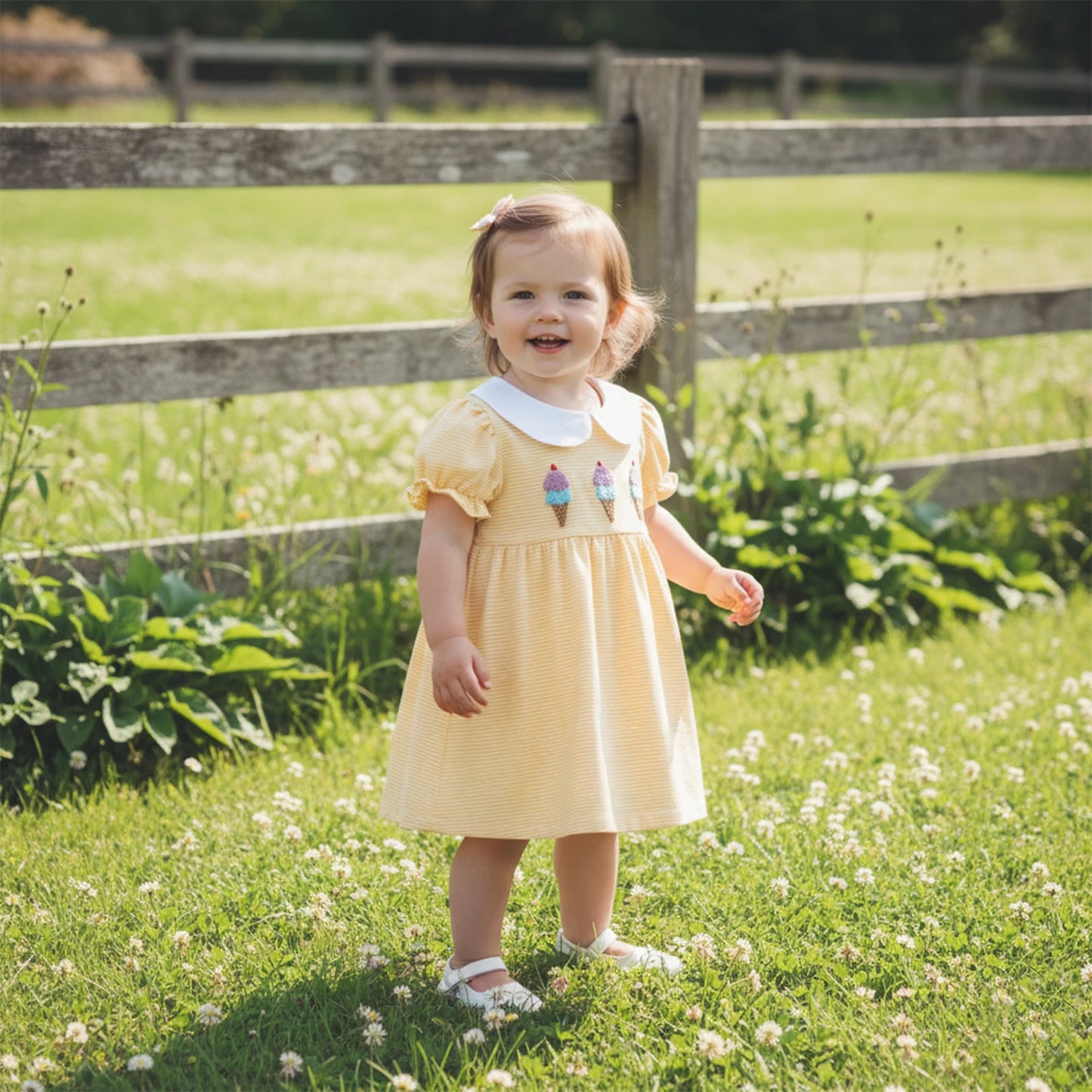 Girls A-Line Dress - Ice Cream Embroidery Striped Doll Collar Dress