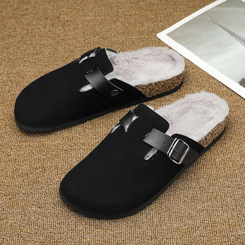 Winter Plush Slippers - Men's Warm Closed Toe Buckle Design Clogs