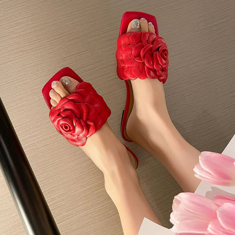 Women's 3D Flower Handmade Rose Head Layer Cowhide Open Toe Square Toe Slippers