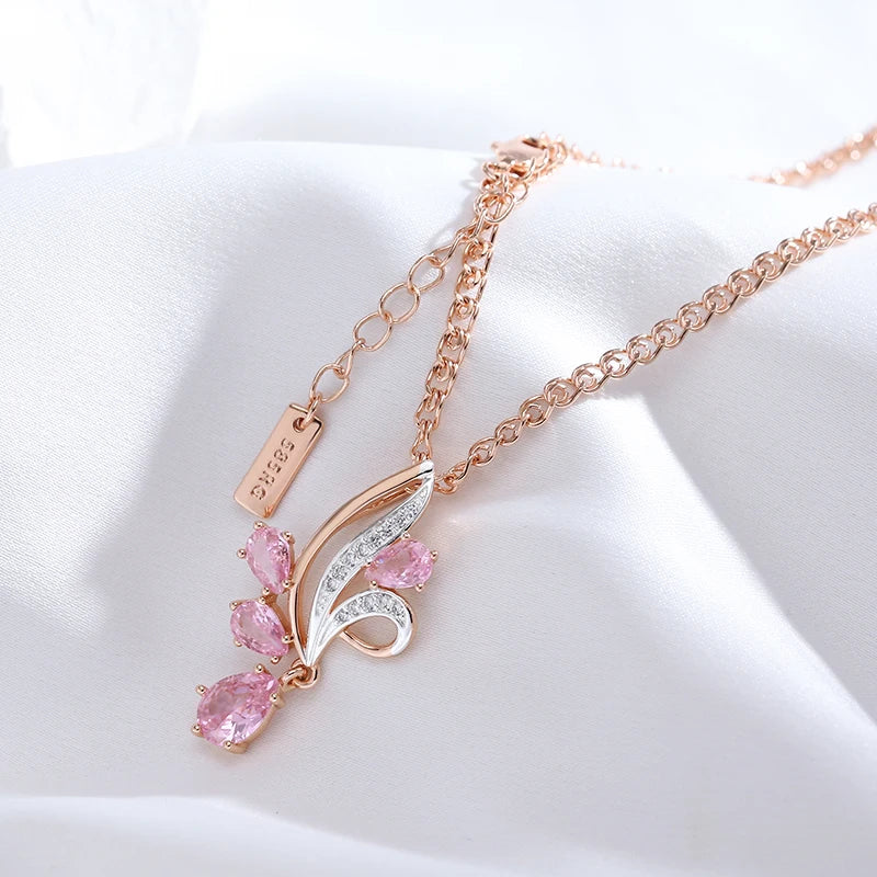 Women's 585 Rose Gold Silver Colour Shiny Pink Natural Zircon Flower Pendant Necklace