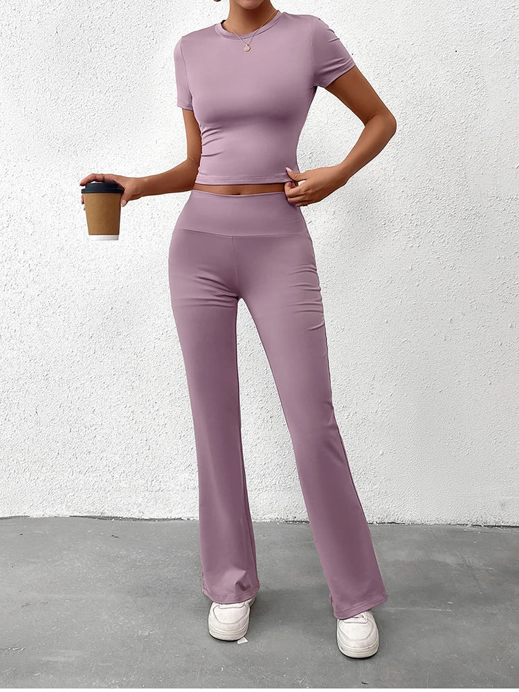 Women's Two-Piece Yoga Set - Short Sleeve T-Shirt & Straight Pants