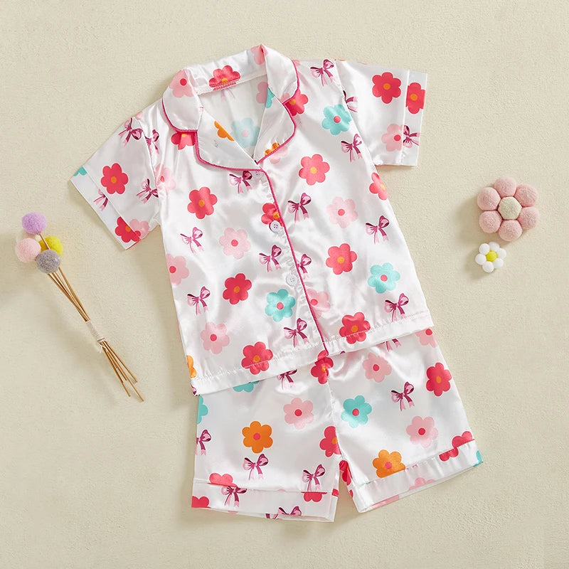 0-4Y Summer  Kids Girls Summer Pyjamas Clothes Sets 2pcs Flower Bow Print Single Breasted Shirts and Shorts