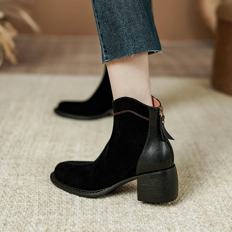 Women's Round Toe Chunky Heel Sheep Suede Leather Retro Ankle Boots