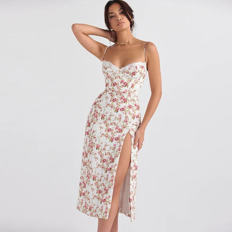 Women Lace Dress- Midi Backless Slit  Summer Elegant Floral Dress