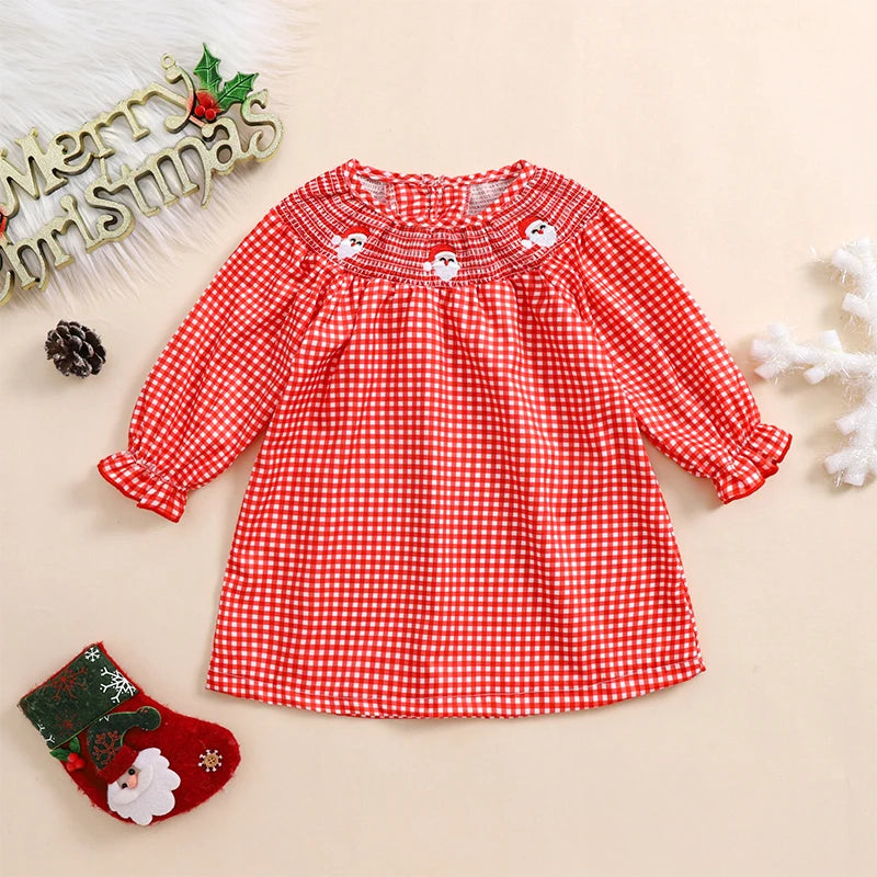 Christmas Santa Embroidery Plaid A-Line Dress - Girls Long Sleeve Festive Dress