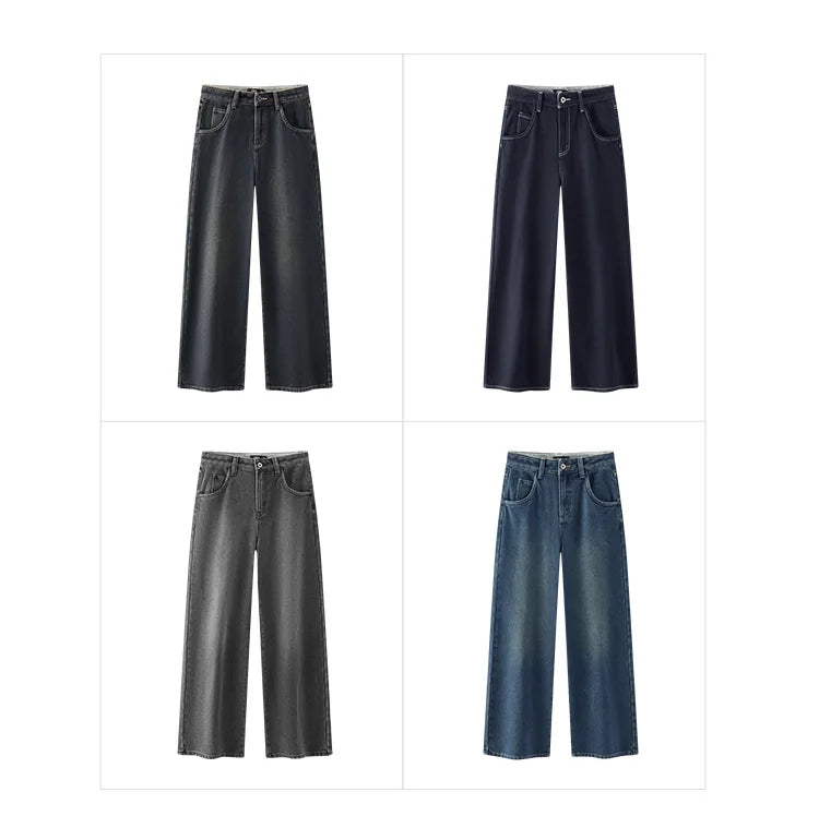 Wide Leg Fleece Lined High Waist Jeans - Women's Floor-Length Winter Denim