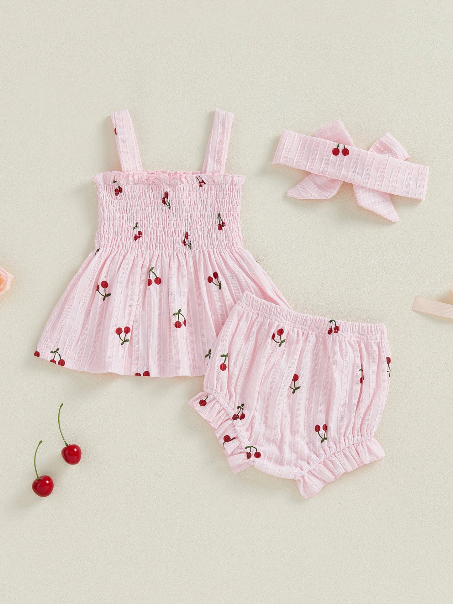 Baby Girls Summer Outfit Set - Cherry Print Square Collar Top with Ruffled Shorts & Headband 0-24M